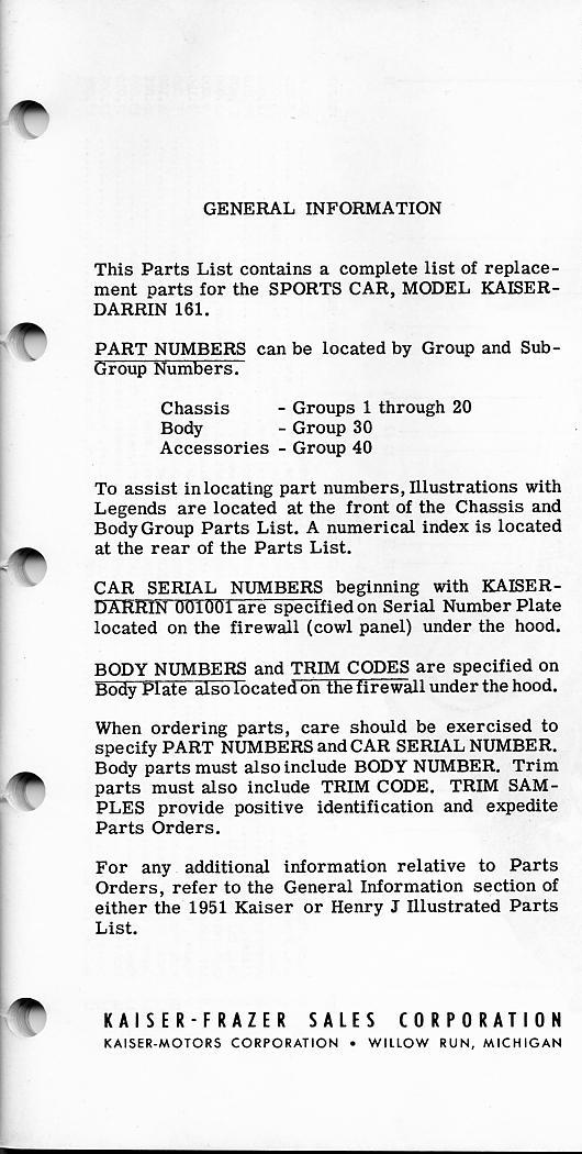 1954 Kaiser Darrin Parts List